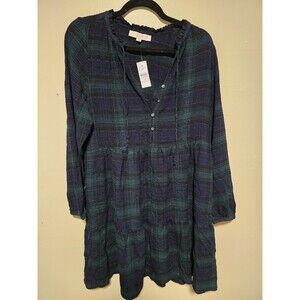 LOFT Women's Size Medium Green Navy Plaid Ruffle Swing Dress Knee Length NWT New